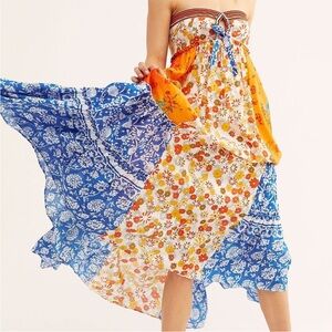 Free People NEW Golden Dreams Maxi Dress Orange Blue Floral Sundress M/L